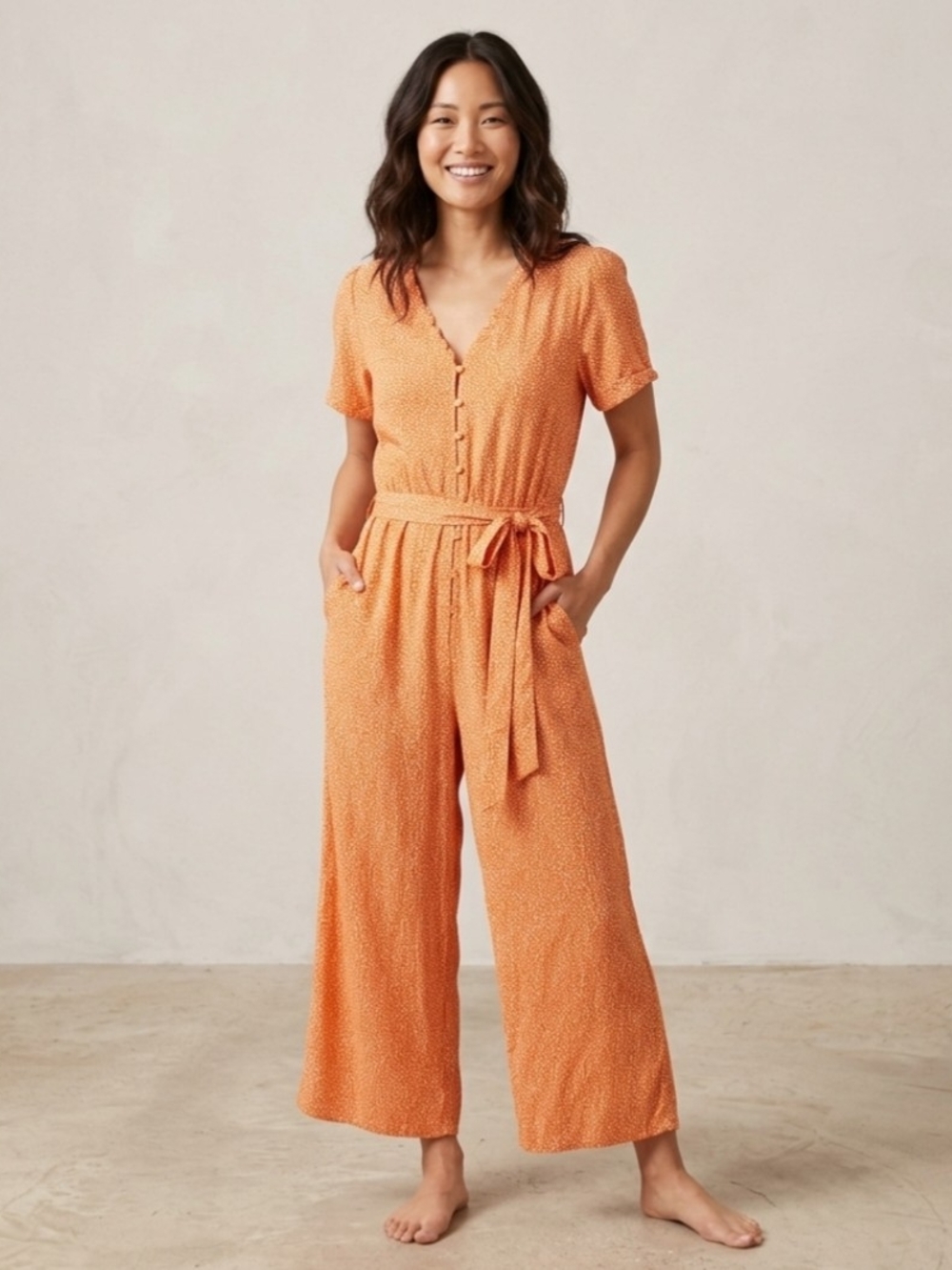 bobeau Orange Short-Sleeve Jumpsuit With Tie Waist Size M (8-10) Pebble Dot